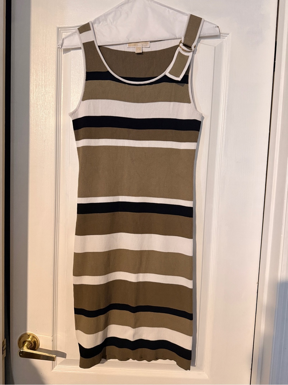 Michael Kors Olive, White & Black Striped Midi Tank Dress with Buckle Strap